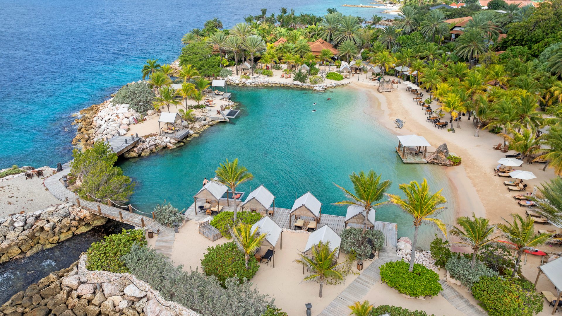 Aerial view of Baoase Luxury Resort’s private beach in Curaçao.