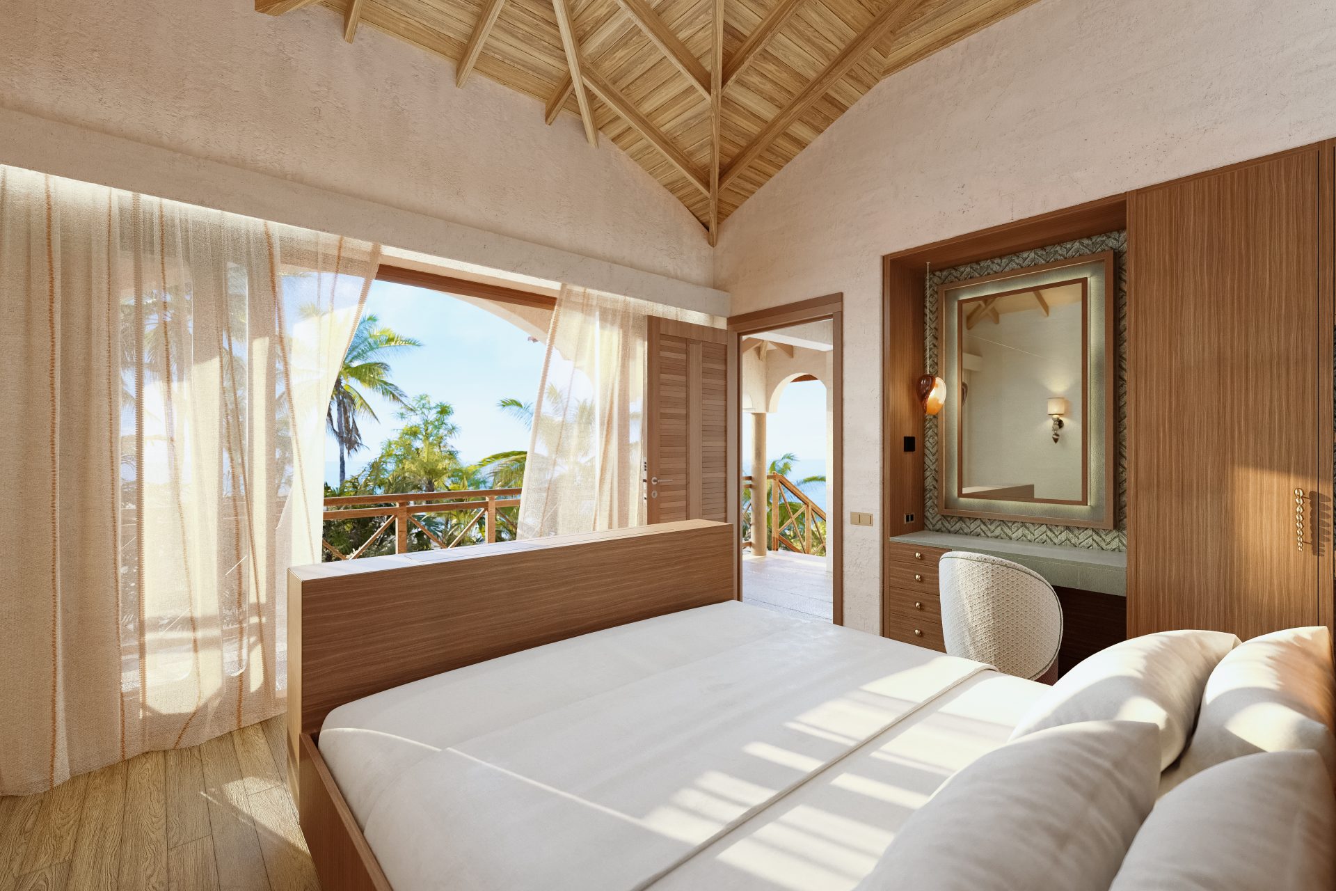 Junior Suite bedroom with a private balcony overlooking the tropical gardens at Baoase Curaçao